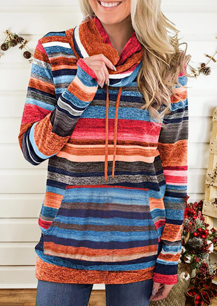 

Blouses Striped Pocket Drawstring Turtleneck Blouse - Multicolor. Size: ,M