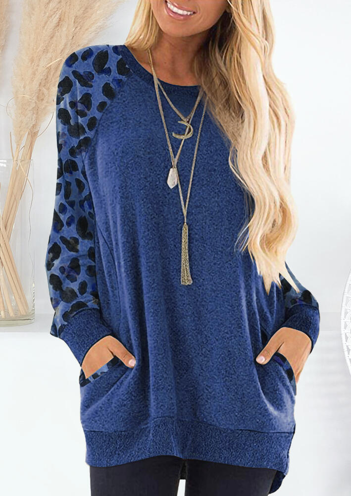 

Leopard Printed Splicing Pocket Blouse without Necklace - Blue, 458279