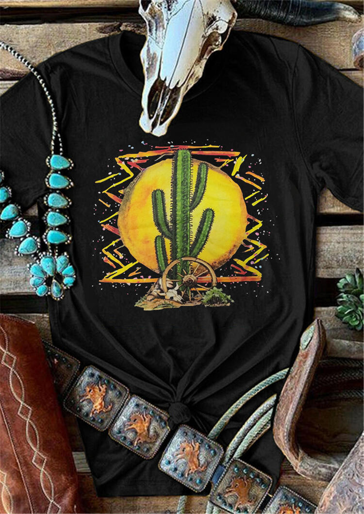 

Sunset Cactus O-Neck T-Shirt Tee -Black, 458376
