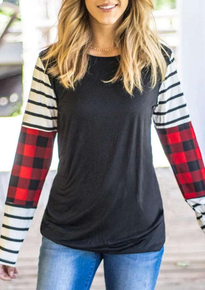 

Red Plaid and White Striped Sleeve Spliceing Gray Color Block Long Sleeve T-Shirt for Women, Dark grey