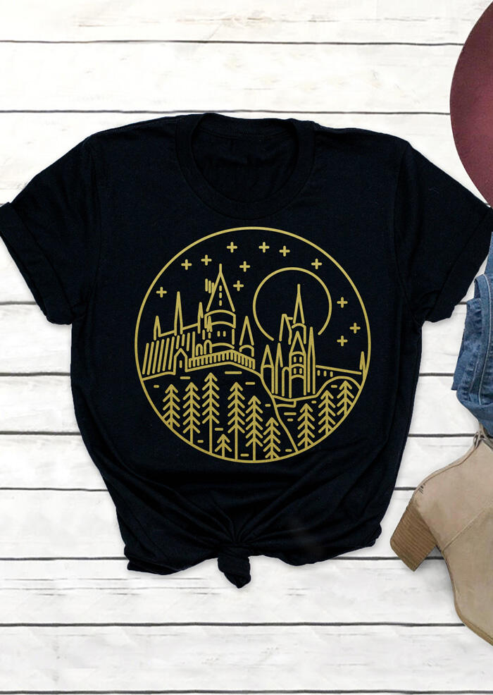 

Castle Printed O-Neck T-Shirt Tee - Black, 458386