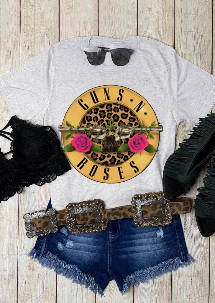 

Guns N Roses Leopard Printed Splicing T-Shirt Tee - Light Grey, 458387