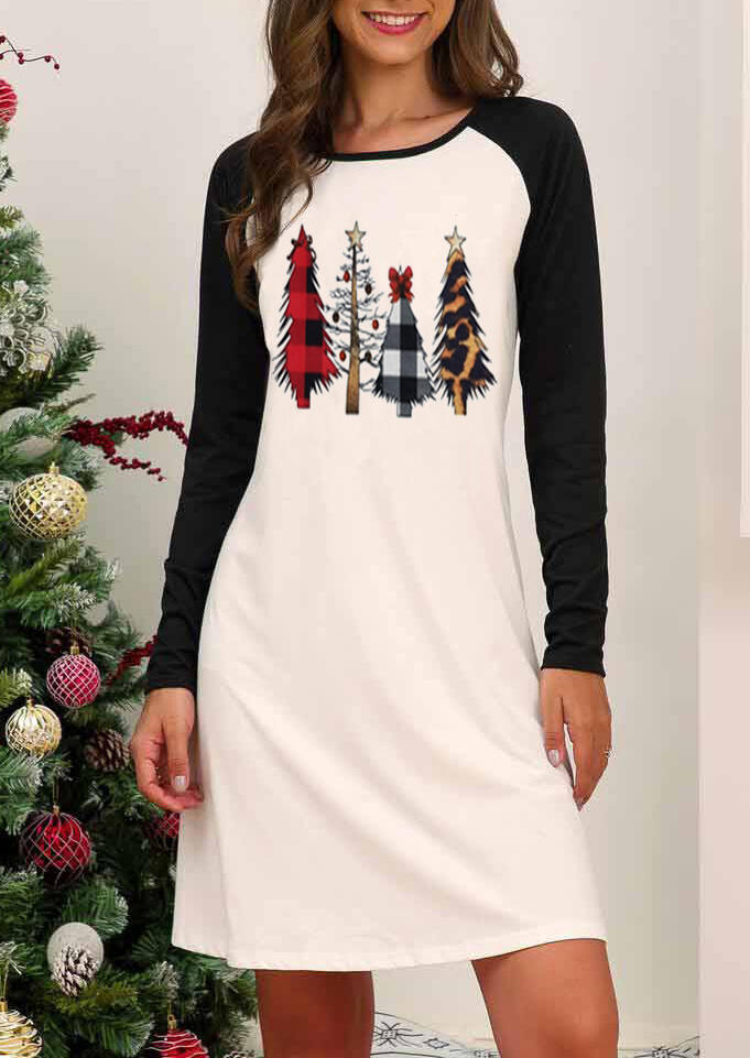 

Mini Dresses Plaid Leopard Printed Christmas Trees Mini Dress in White. Size