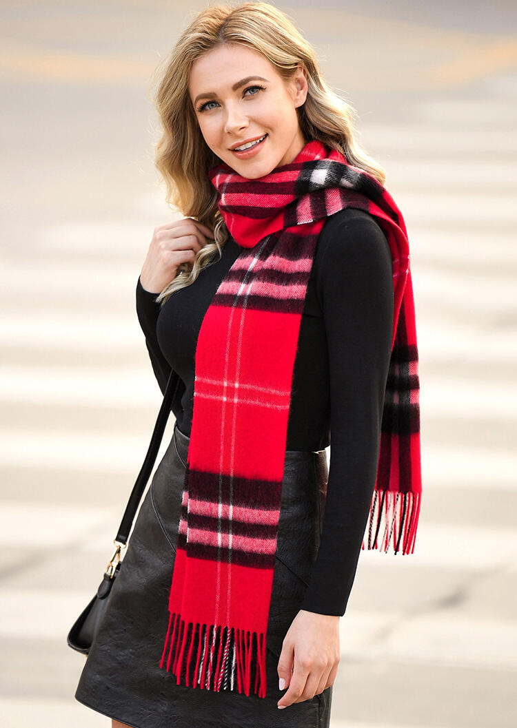 

Scarves Feelily Plaid Tartan Tassel Soft 100% Wool Scarf in Red. Size