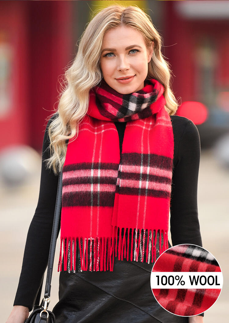 

Feelily Plaid Tartan Tassel Soft 100% Wool Scarf, Red, 455450