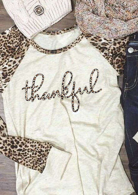 

T-shirts Tees Thankful Leopard Splicing T-Shirt Tee - Beige in Apricot. Size