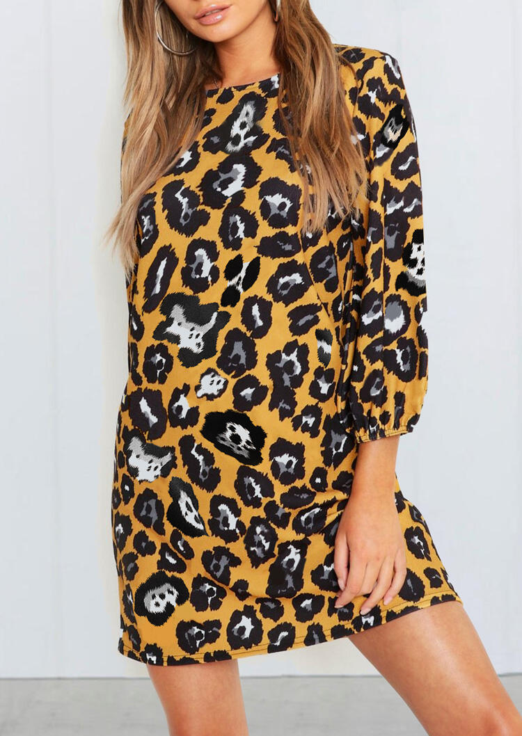 

Mini Dresses Leopard Printed O-Neck Mini Dress - Yellow. Size: S