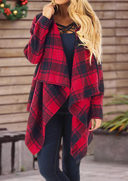 

Coats Plaid Asymmetric Hem Cardigan Coat - Red. Size: M