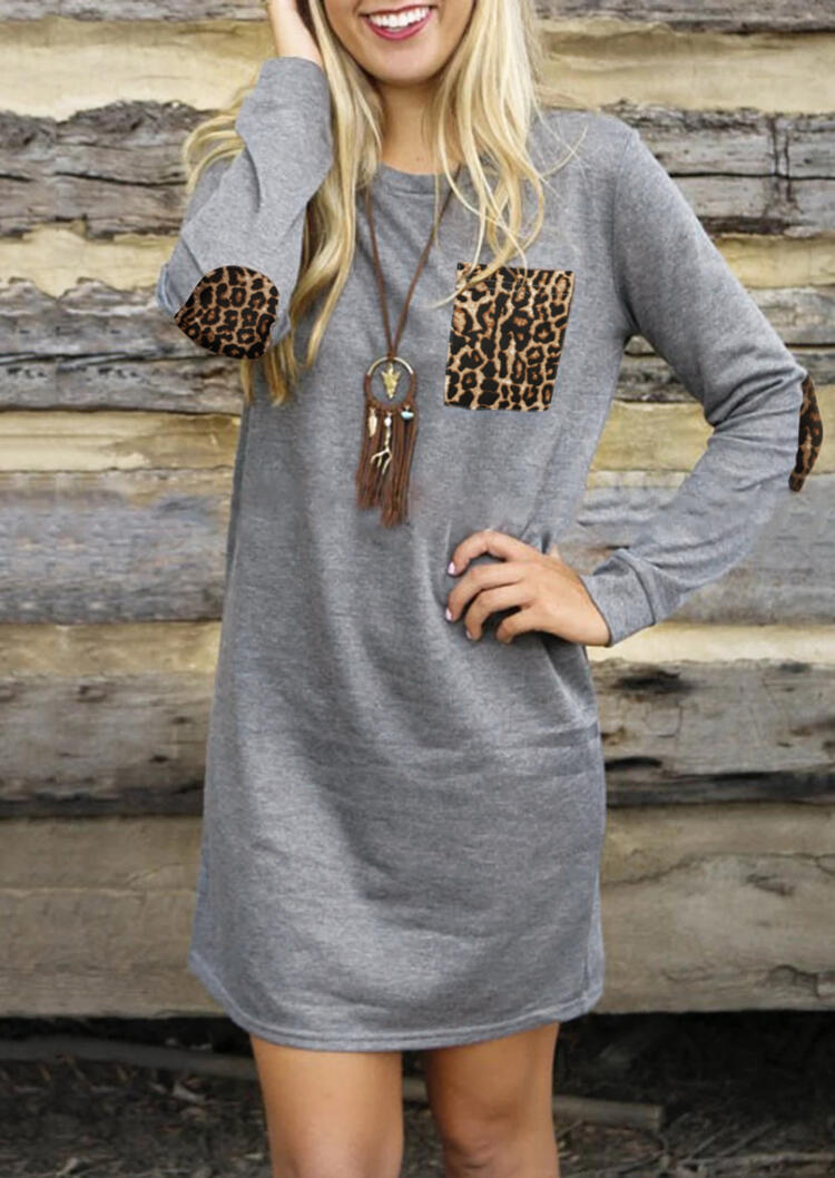 

Mini Dresses Leopard Printed Splicing Pocket Elbow Patch Mini Dress without Necklace - Gray. Size