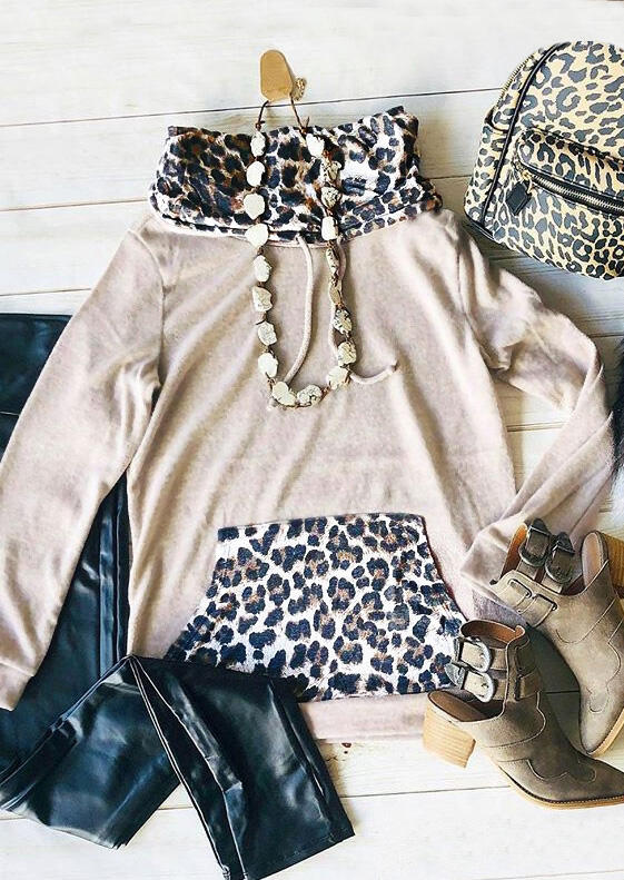 

Leopard Printed Pocket Cowl Neck Sweatshirt - Apricot, 458185
