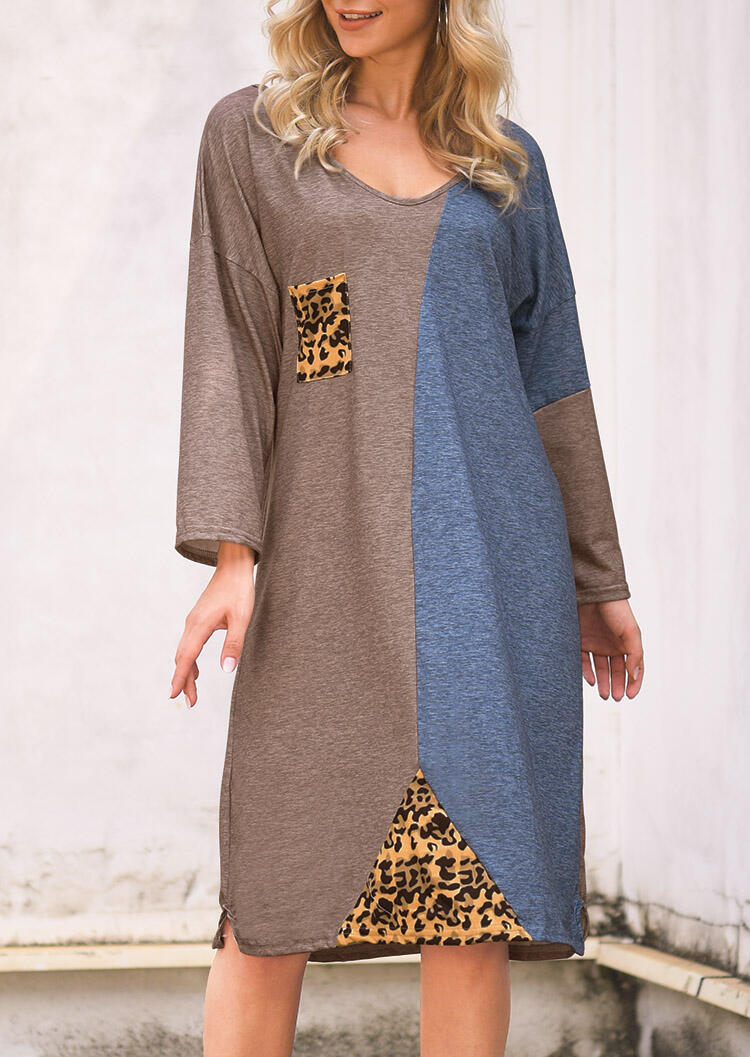 

Mini Dresses Leopard Printed Pocket Color Block Mini Dress - Coffee. Size: ,M