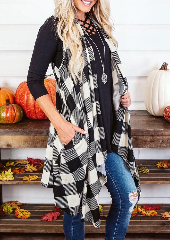 

Plaid Splicing Asymmetric Cardigan without Necklace - White, 458397