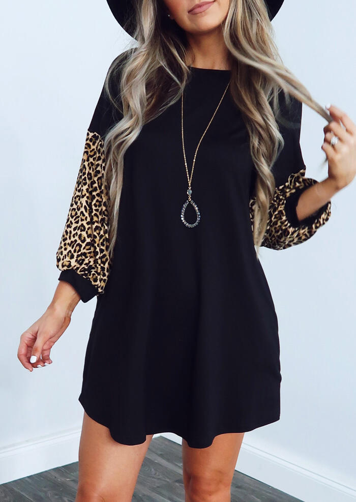 

Leopard Splicing Mini Dress without Necklace - Black, 458426