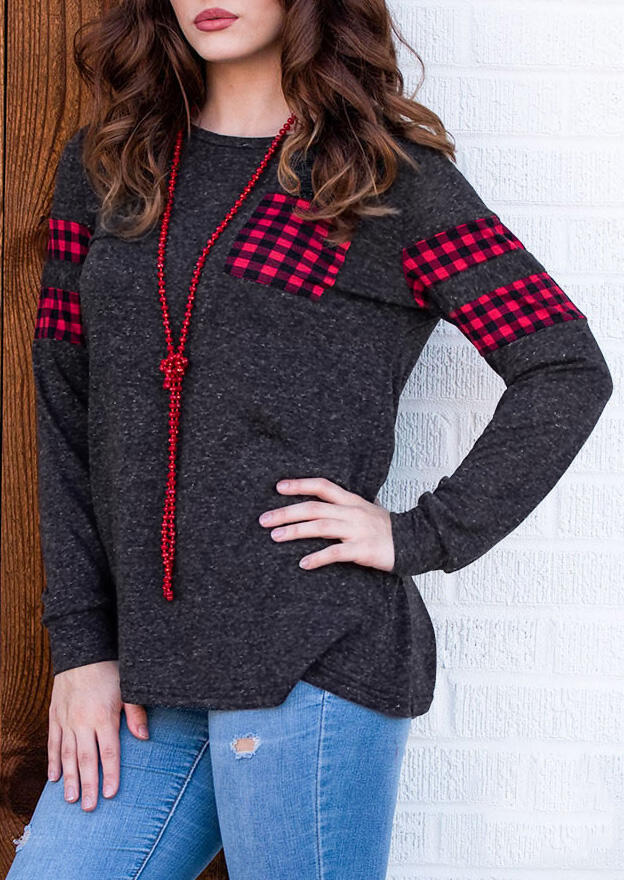 

Plaid Splicing O-Neck T-Shirt Tee without Necklace - Dark Grey, 458461