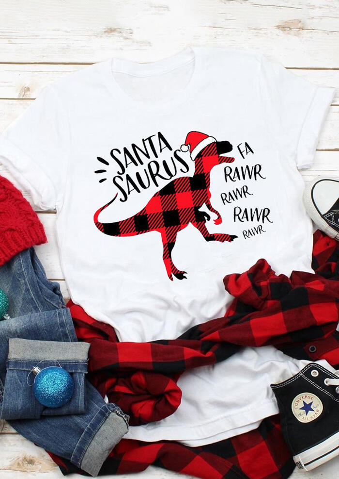 Christmas Plaid Santa Saurus T-Shirt Tee – White