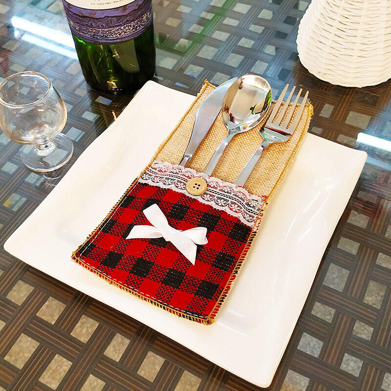 

Festive & Party Supplies Christmas Bow Plaid Button Knife and Fork Bag Holder, Red