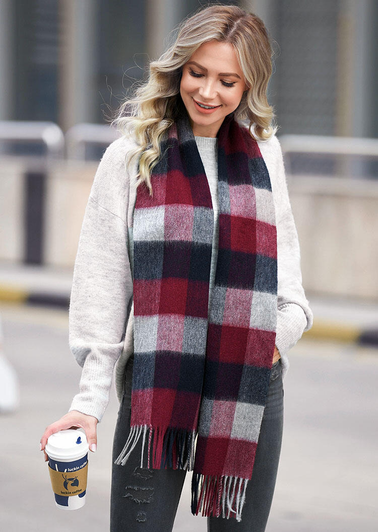 

Scarves Feelily Plaid Tartan Tassel Warm 100% Wool Scarf in Red. Size