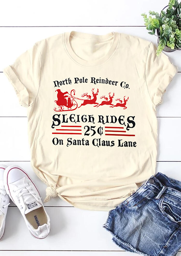 

Christmas North Pole Reindeer Co. Sleigh Rides On Santa Claus Lane T-Shirt in Cream. Size