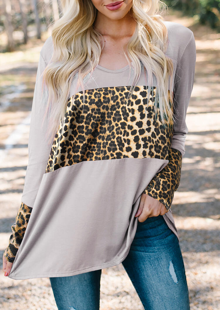 

Leopard Printed Splicing Blouse - Light Grey, 458351