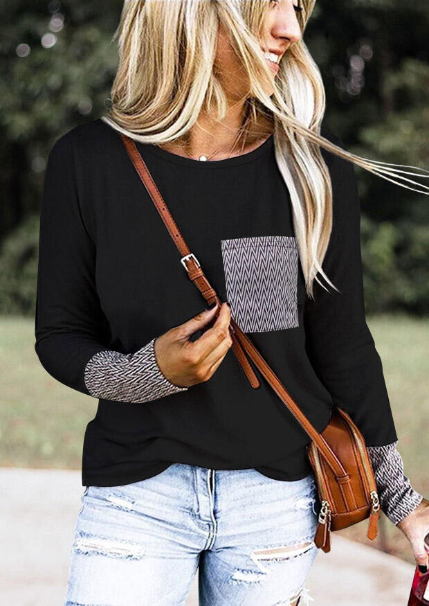

Blouses Geometric Pocket O-Neck Blouse without Necklace - Black. Size