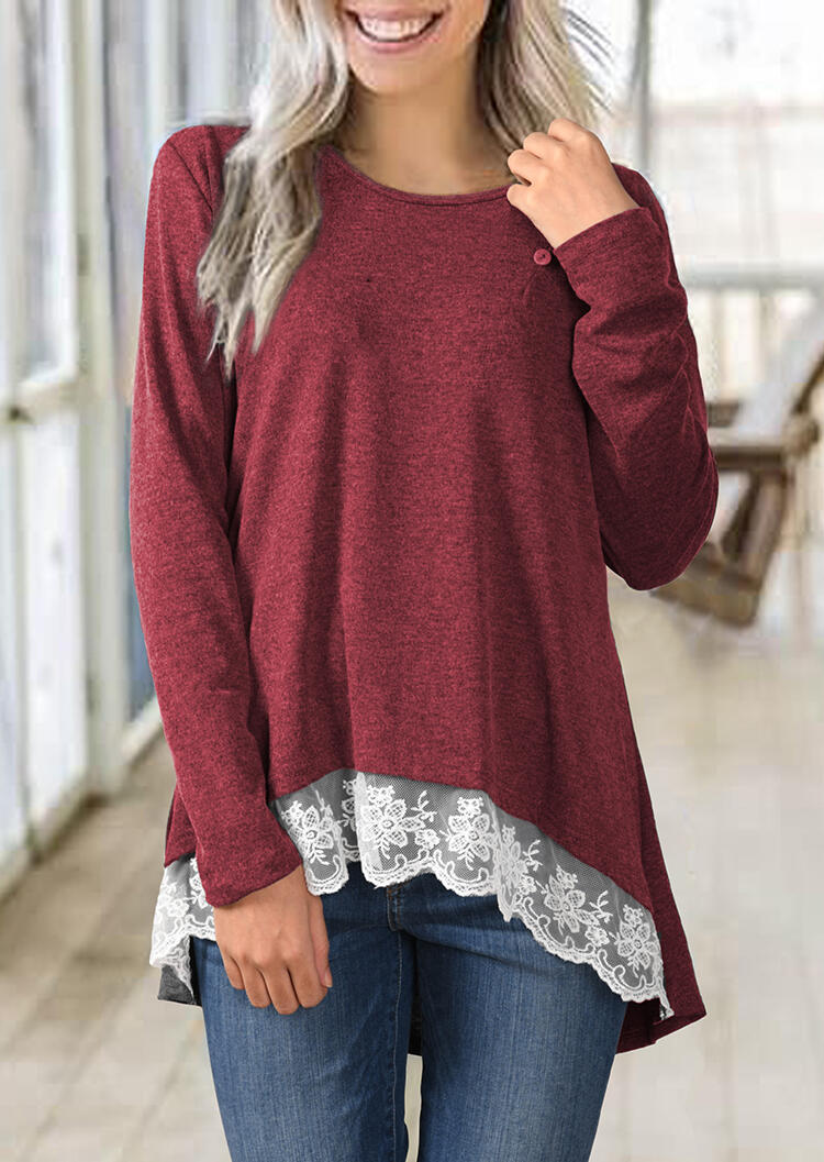 

Blouses Lace Splicing Button Blouse - Burgundy. Size: S,M,,XL