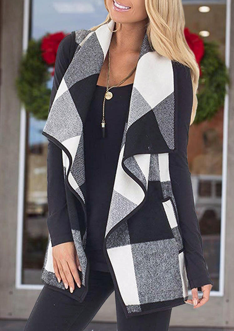 

Plaid Pocket Sleeveless Vest Cardigan Coat - Black, 458549