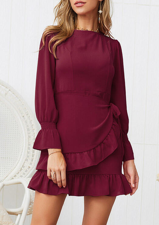 

Solid Ruffled Layered Mini Dress without Necklace - Burgundy, 458578