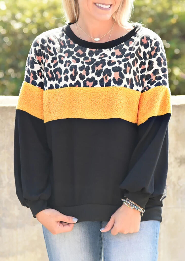 

Leopard Printed Color Block Splicing Sweatshirt without Necklace, 458592