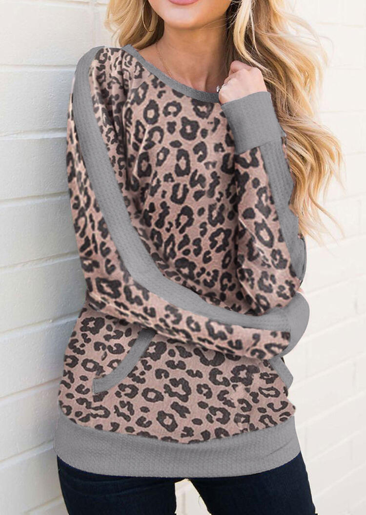 

Leopard Printed Splicing Kangaroo Pocket Blouse, 458606
