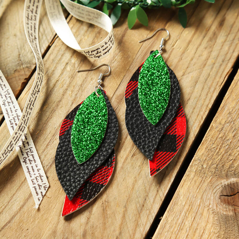 Three-Layered Sequined Plaid Leather Earrings