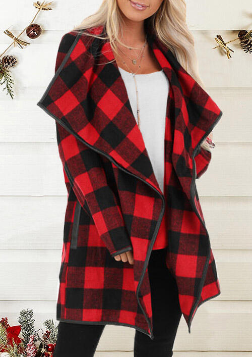 

Plaid Splicing Pocket Cardigan without Necklace - Red, 458640