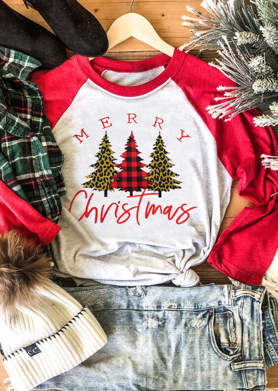 

Merry Christmas Trees Plaid Leopard Printed Splicing T-Shirt Tee - Light Grey, 458641
