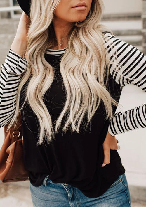 

Striped Splicing O-Neck T-Shirt Tee without Necklace - Black, 458642