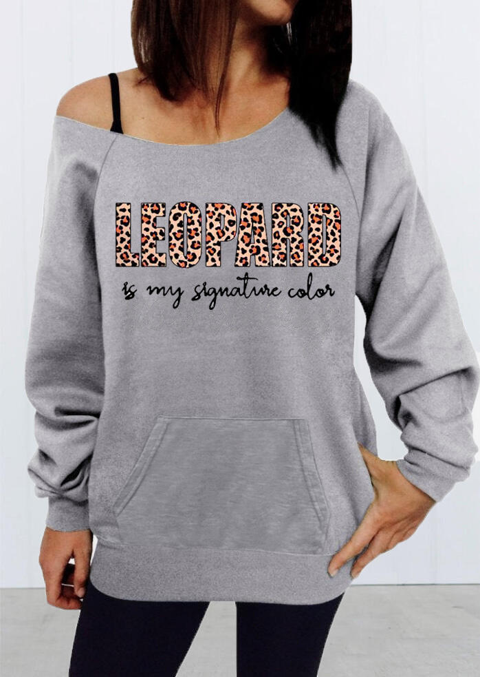 

Leopard Is My Signature Color Kangaroo Pocket Sweatshirt - Gray, 458666