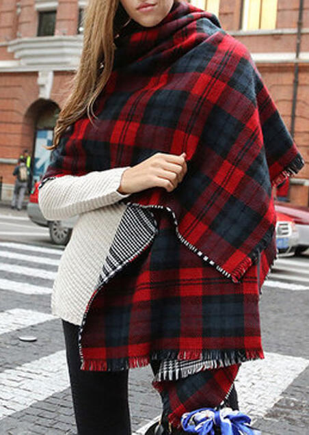 

Frayed Trim Plaid Cashmere Feel Scarf, Red, 458671