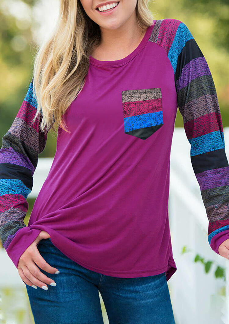 

Colorful Striped Splicing Pocket T-Shirt Tee - Purple, 458672