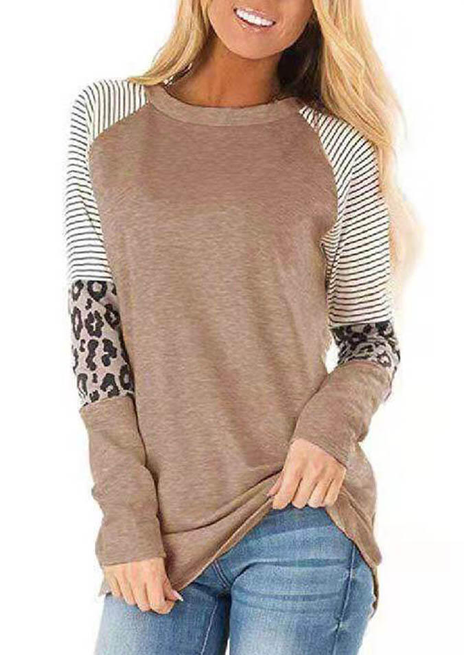 

Striped Splicing Leopard T-Shirt Tee - Khaki, 458684