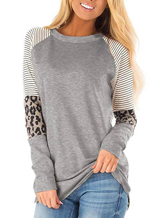

Striped Splicing Leopard Printed T-Shirt Tee - Gray, 458686