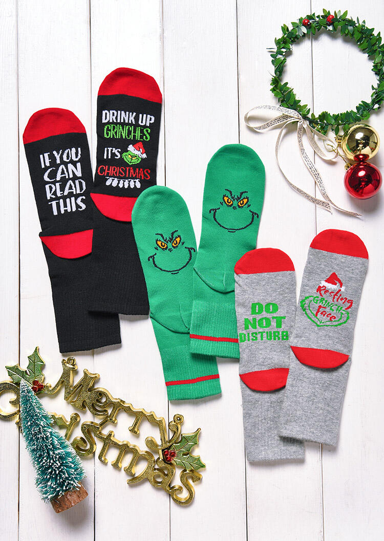 

3 Pairs Christmas Grinch Face Socks, Pattern1, B103622