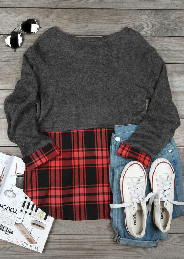 

Sweaters Plaid Splicing O-Neck Long Sleeve Sweater in Gray. Size