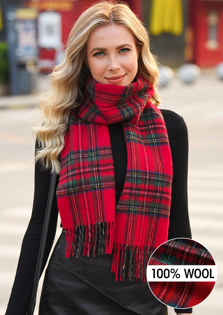 

Feelily Plaid Tartan Tassel 100% Wool Scarf, Red, 455455