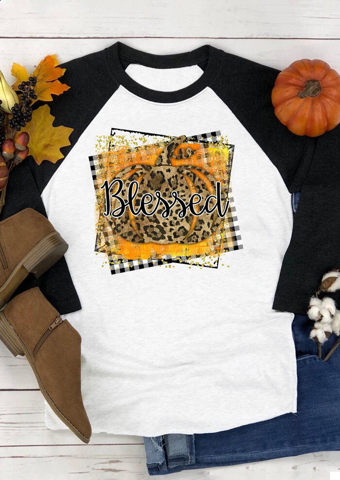 

Tees T-shirts Blessed Pumpkin Leopard Printed T-Shirt Tee - Black. Size: S,M