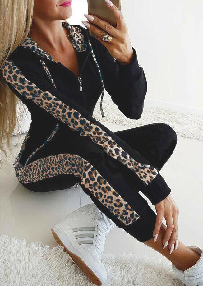 Leopard Printed Splicing Zipper Hoodie And Drawstring Pants Activewear Set – Black