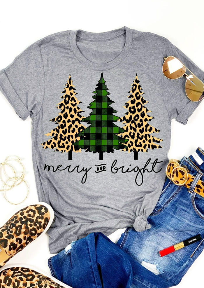 

Leopard Printed Plaid Christmas Trees Merry And Bright T-Shirt Tee - Gray, 458877