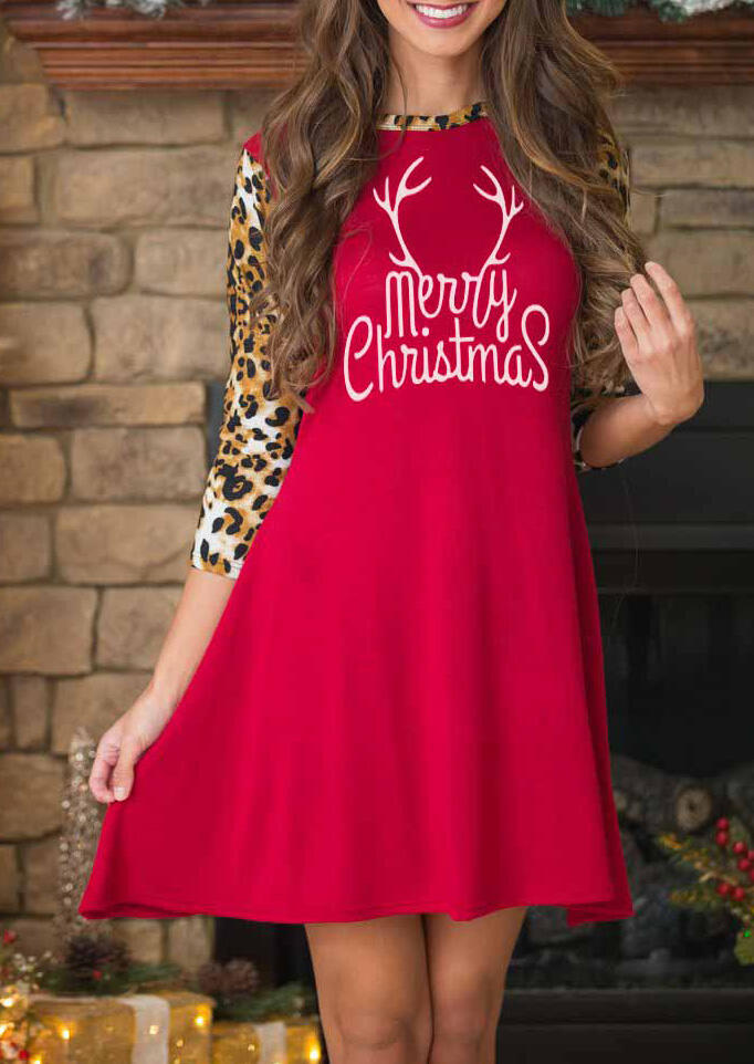 Reindeer Merry Christmas Leopard Printed Mini Dress – Red