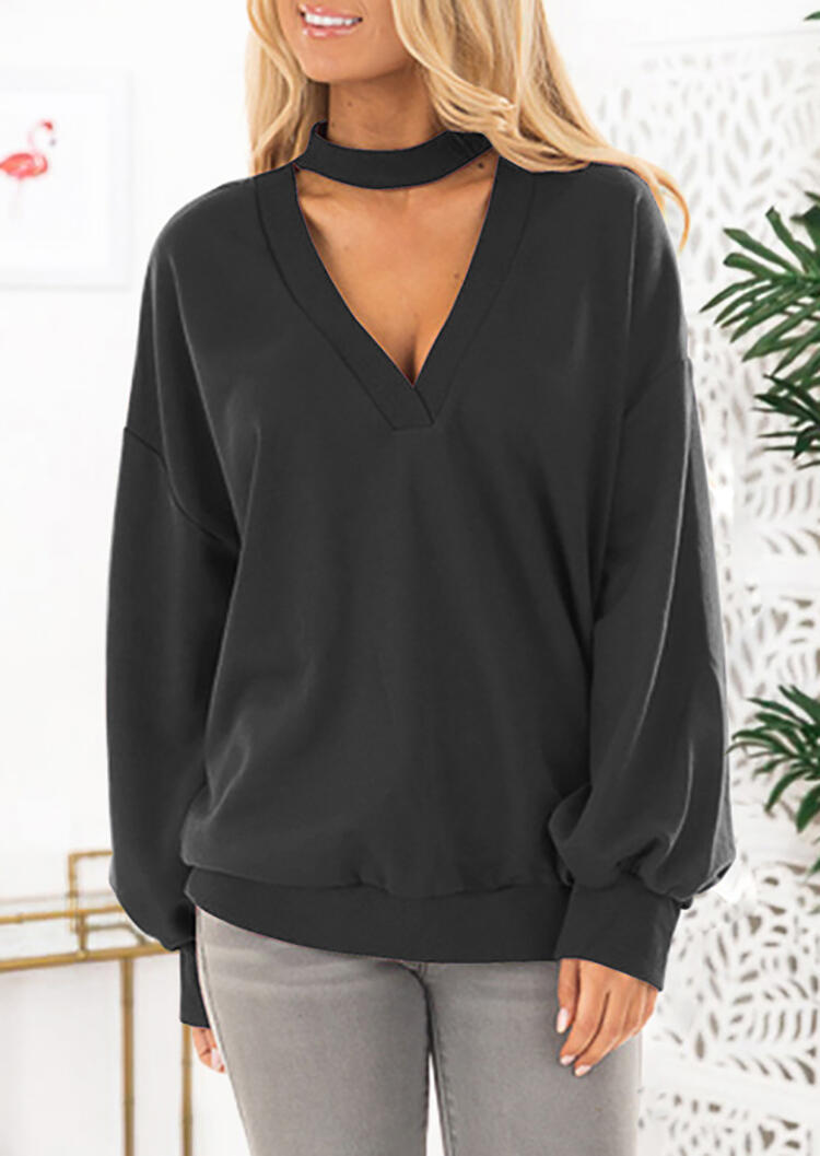 

Solid Puff Sleeve Halter Sweatshirt - Black, 458882