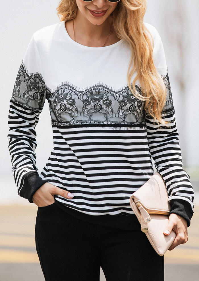 

Striped Lace Splicing Sweatshirt without Necklace - White, 458935