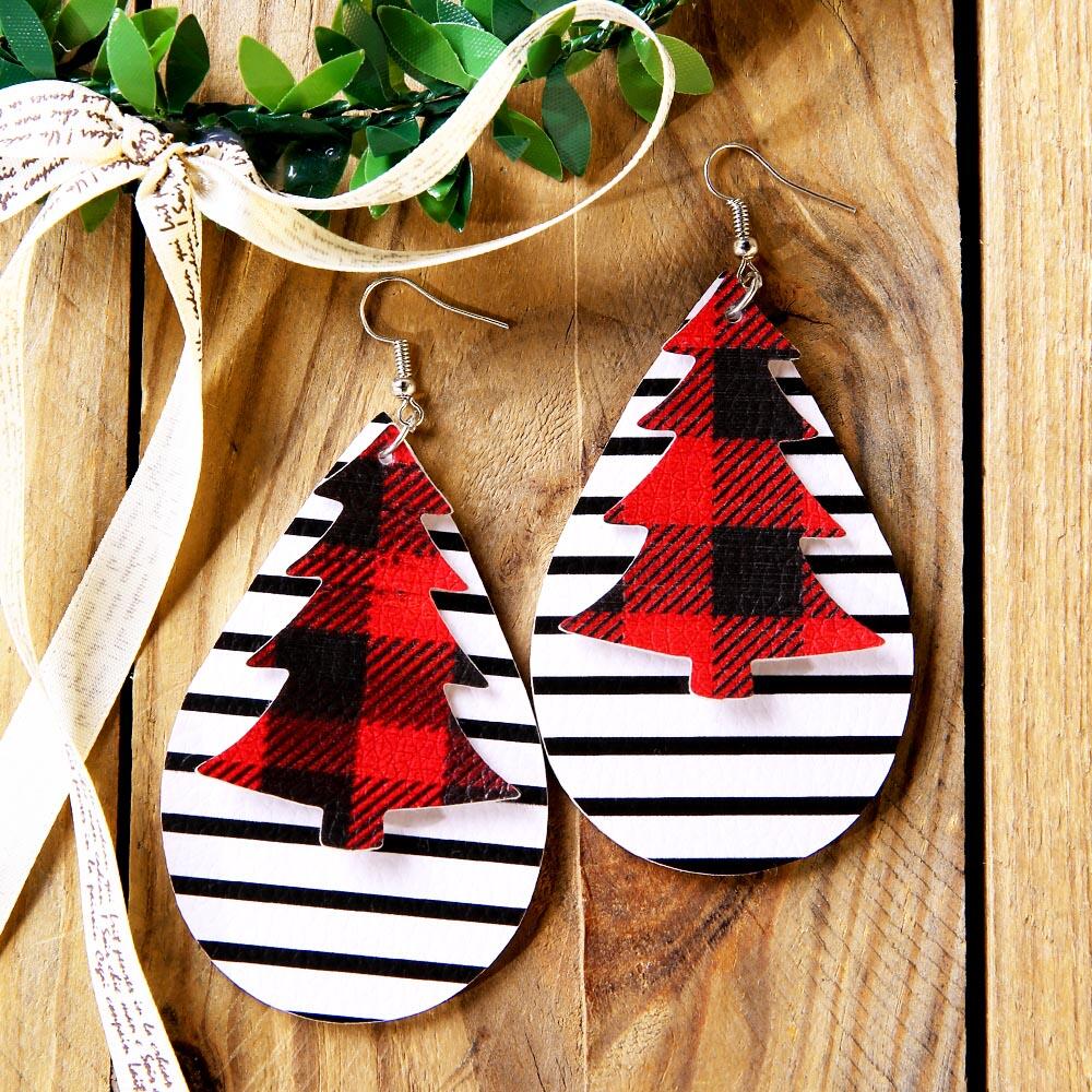 

Christmas Tree Plaid Striped Dual-Layered Earrings, Red, 458954