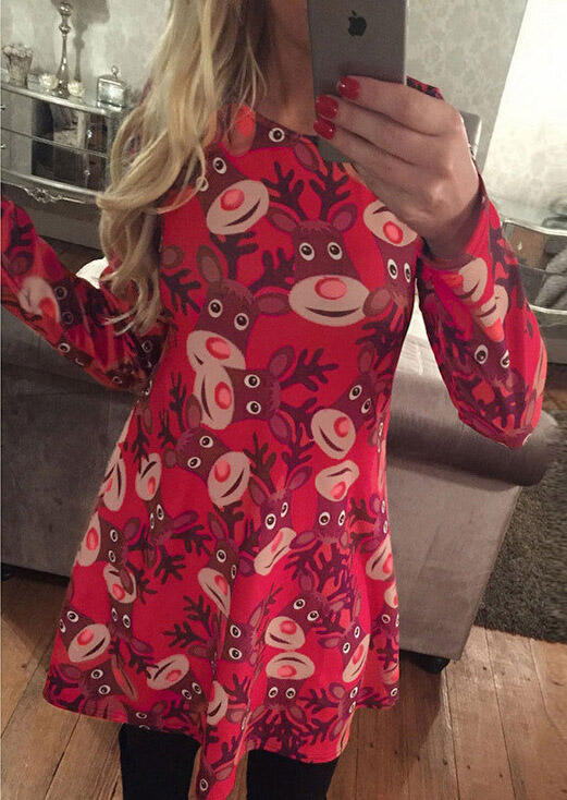 

Christmas Reindeer Printed Long Sleeve Swing Dress, Green;red;cameo brown, 59390