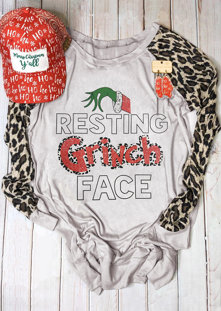 

Tees T-shirts Resting Grinch Face Leopard Printed Splicing T-Shirt Tee - Light Grey. Size